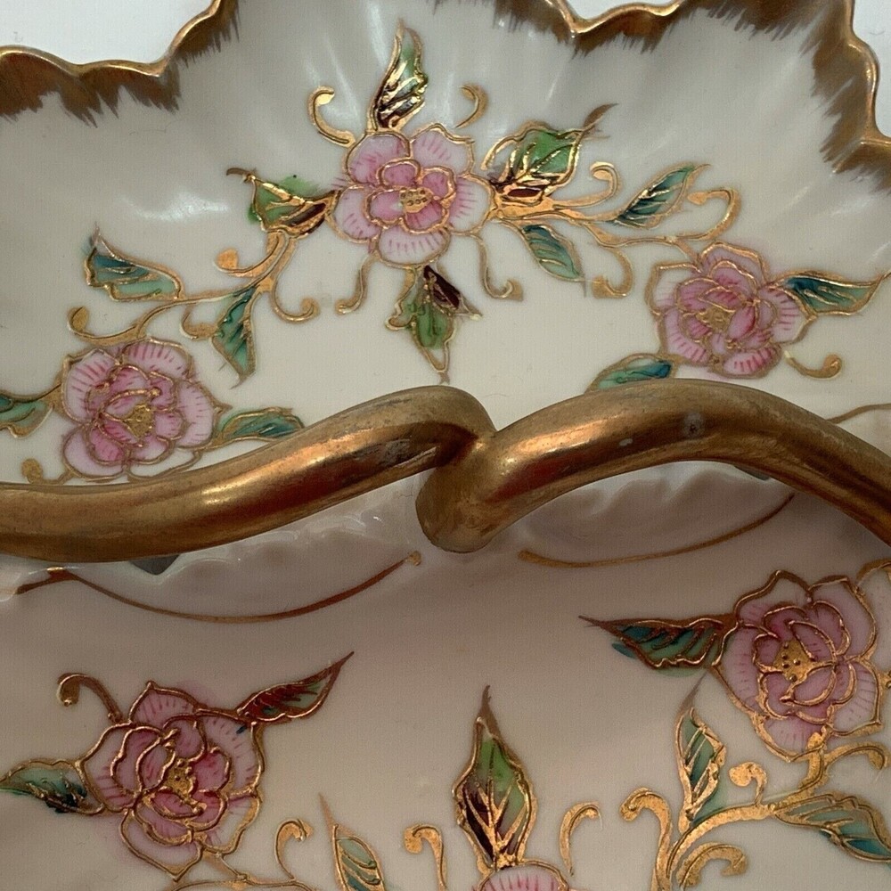 Vintage Porcelain Ashtray Divided Dish Ivory Gold Trim Floral Handle Multi-color - Picture 6 of 6